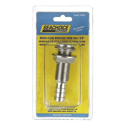 Seachoice Mega-Flow Dripless Thru Hull Fitting, 316 Stainless Steel, Fits 5/8 In. Hose, 1-1/2 In. Max. Hull - 50-18591 - 50-18591F1